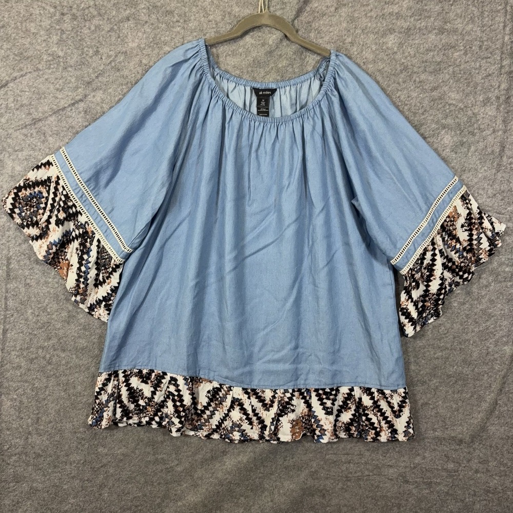 Ali Miles Tunic Blouse Womens Sz 1X Chambray Blue Ruffle Lattice Trim